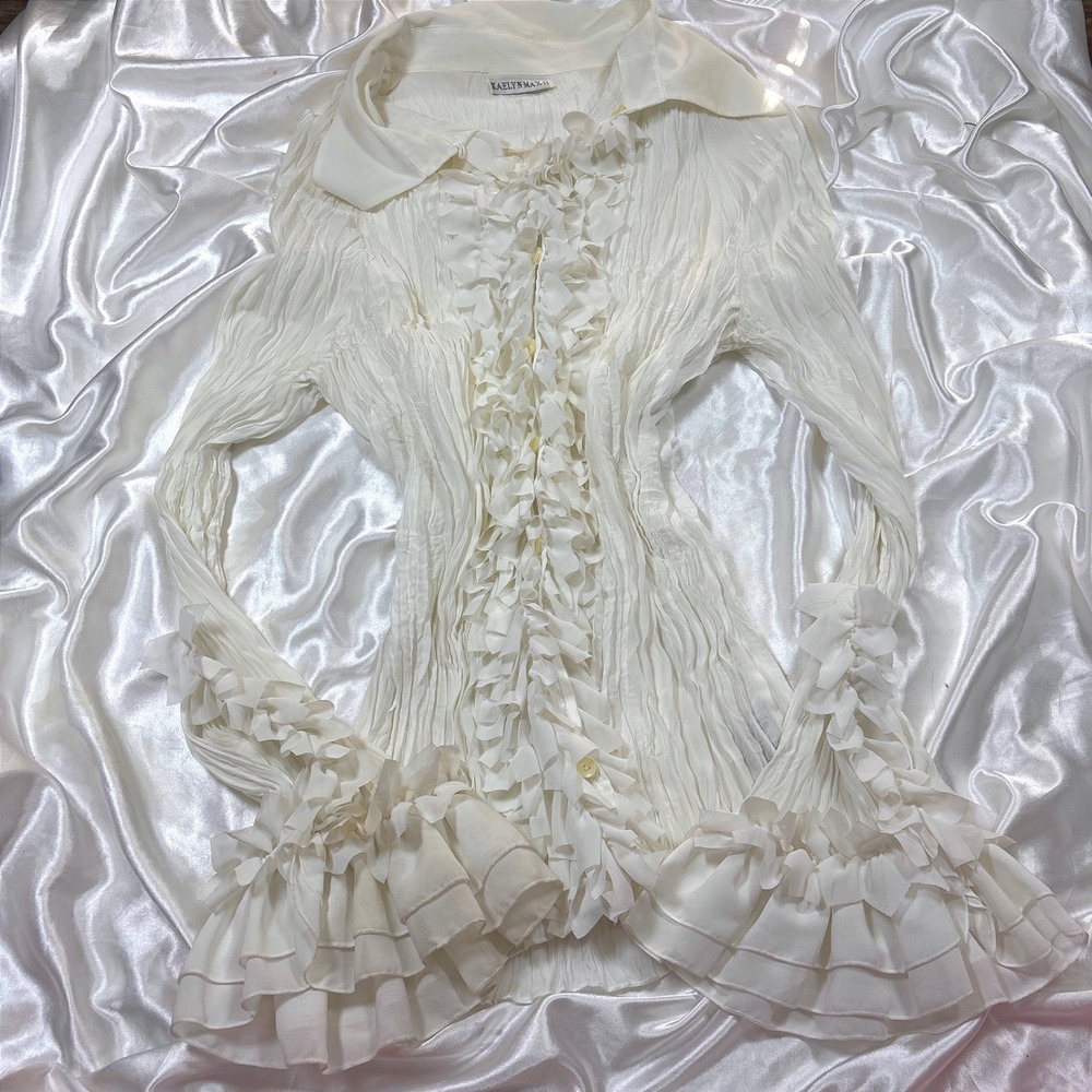 y2k Blouse White Good Kaelyn Max II Ruffle Plisse Pleated Button Down Top 2X